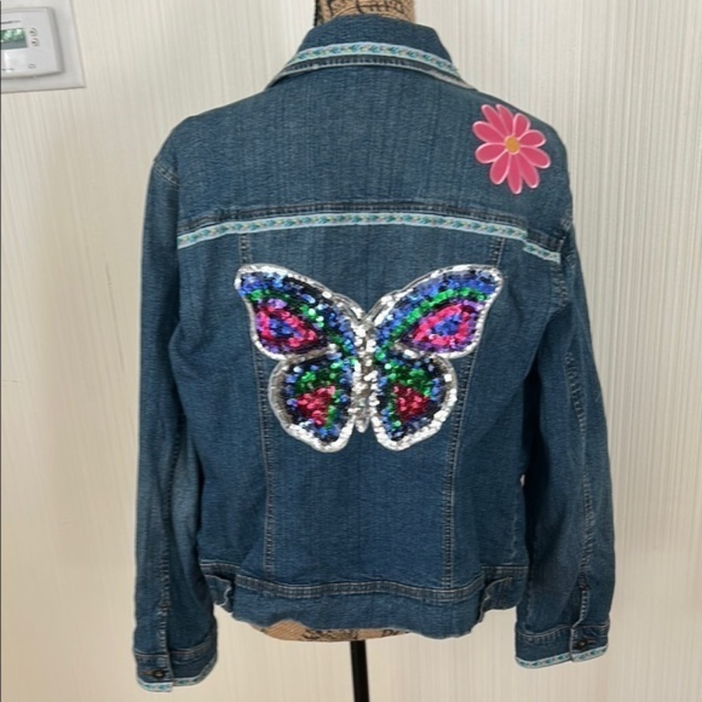 Vintage  Artsy Hand Embellished  St. John's Bay Blue Jean Jacket XL Rainbow